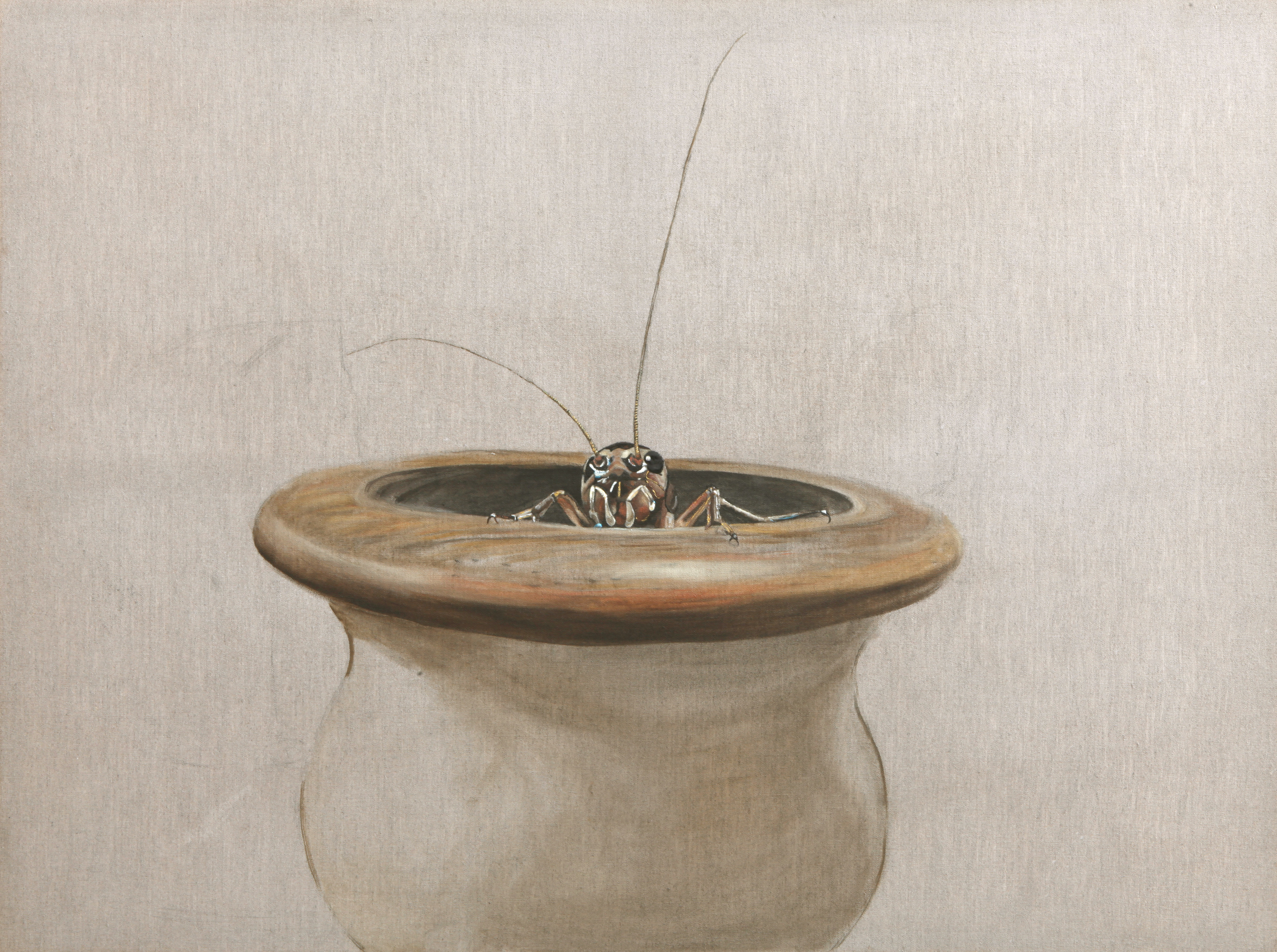 Cricket in a small vessel, oil on canvas